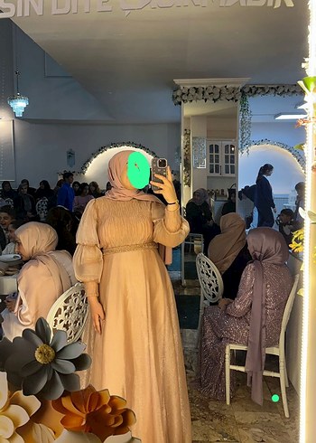 Bej Uzun Drapeli Kadın Abiye Elbise - Görsel 2