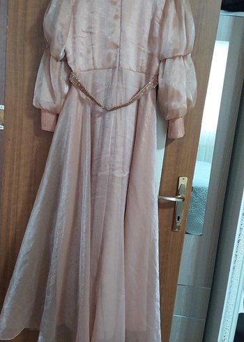 Bej Uzun Drapeli Kadın Abiye Elbise - Görsel 6