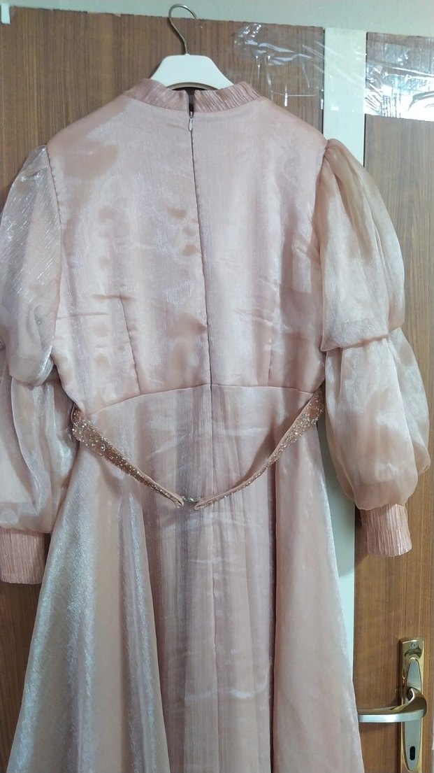 Bej Uzun Drapeli Kadın Abiye Elbise - Görsel 5