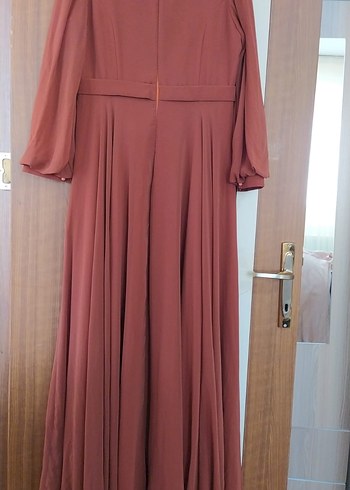 Kadın Bej Uzun Drapeli Abiye Elbise - Görsel 4