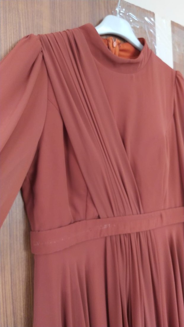 Kadın Bej Uzun Drapeli Abiye Elbise - Görsel 5