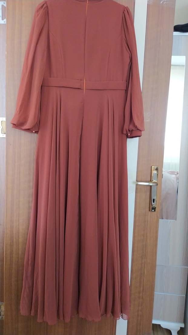 Kadın Bej Uzun Drapeli Abiye Elbise - Görsel 4