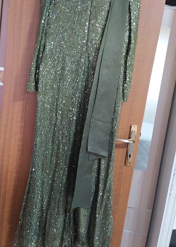 Haki Drapeli Balık Desenli Uzun Abiye Elbise - Görsel 5