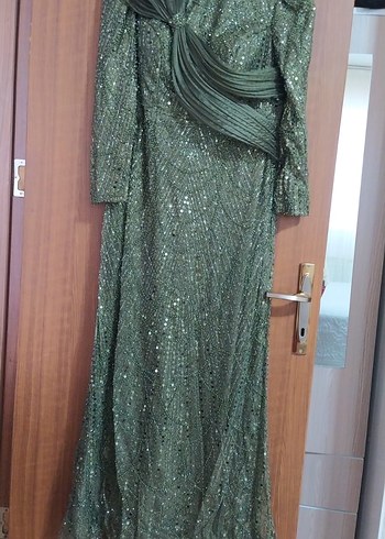 Haki Drapeli Balık Desenli Uzun Abiye Elbise - Görsel 3