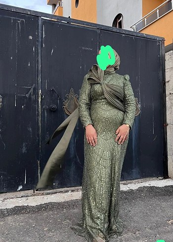 Haki Drapeli Balık Desenli Uzun Abiye Elbise - Görsel 2