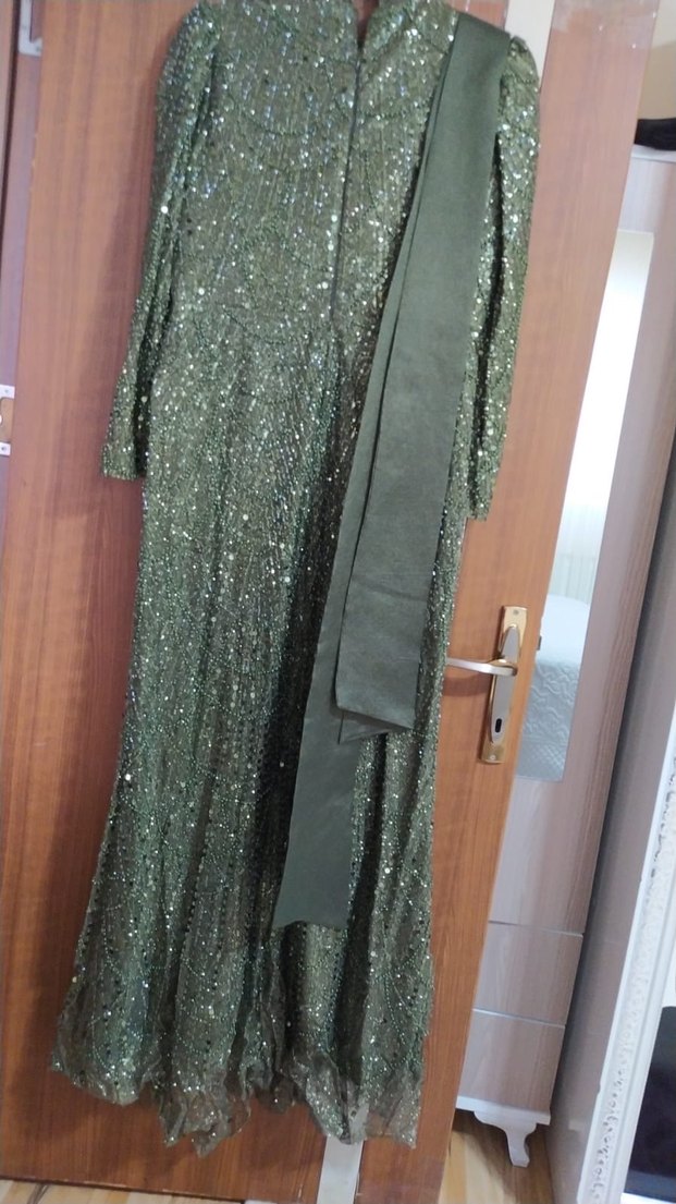 Haki Drapeli Balık Desenli Uzun Abiye Elbise - Görsel 5