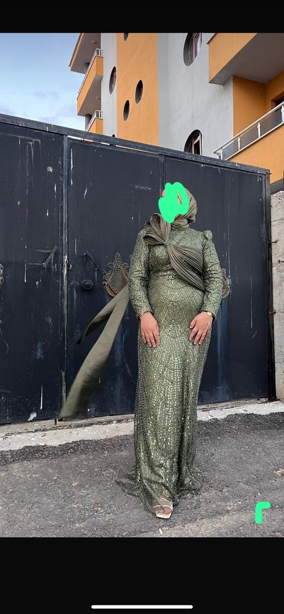 Haki Drapeli Balık Desenli Uzun Abiye Elbise - Görsel 2