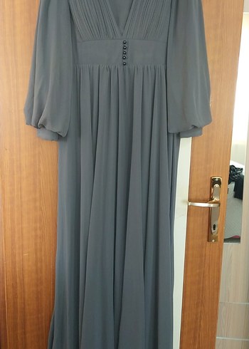 Gri Pilili Uzun Kol V Yaka Kadın Elbise - Görsel 2