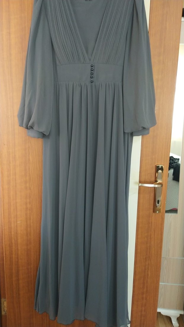 Gri Pilili Uzun Kol V Yaka Kadın Elbise - Görsel 2