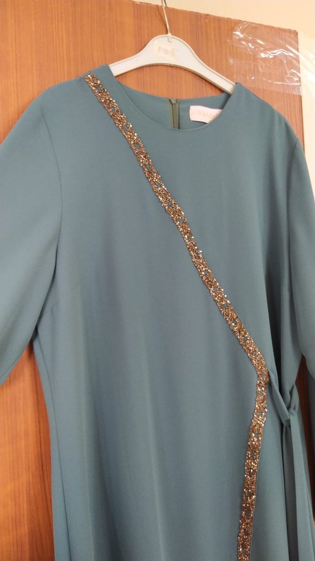 Uzun Turkuaz Drapeli Kadın Elbise - Görsel 3