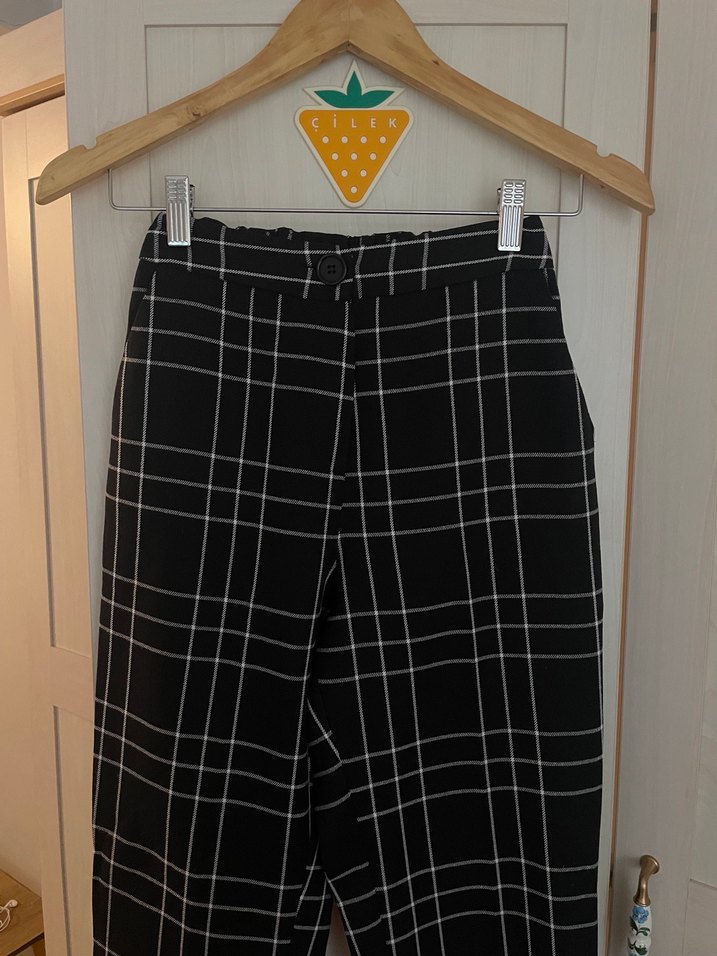 Siyah Kareli Kadın Kumaş Pantolon - Görsel 2