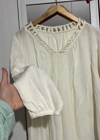 Beyaz Keten Bohem V Yaka Kadın Bluz - Görsel 3