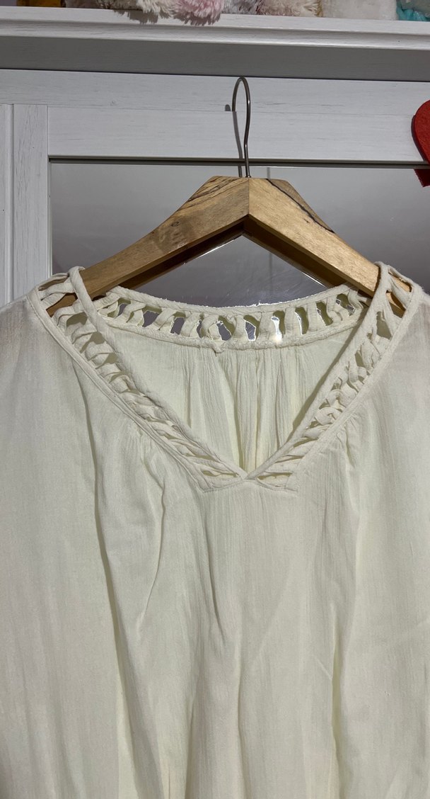 Beyaz Keten Bohem V Yaka Kadın Bluz - Görsel 4