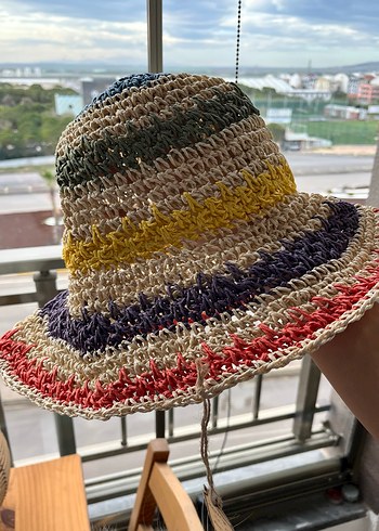 Renkli Örgü Bohem Hasır Şapka - Görsel 5