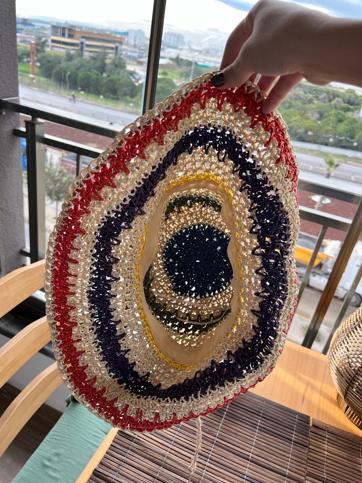 Renkli Örgü Bohem Hasır Şapka - Görsel 4