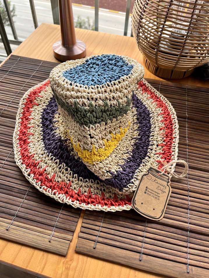Renkli Örgü Bohem Hasır Şapka - Görsel 3