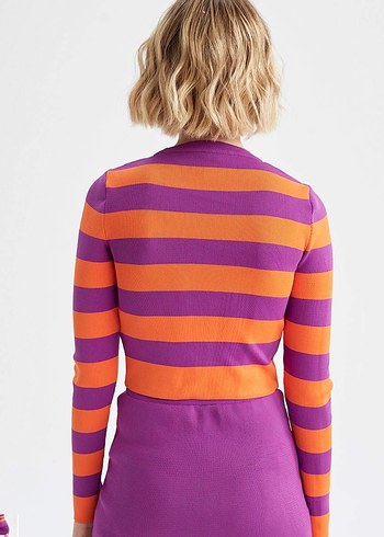 Defacto Mor Turuncu Çizgili Kadın Triko Kazak - Görsel 2