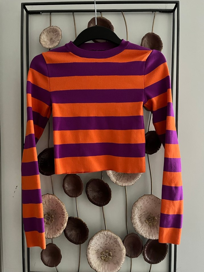 Defacto Mor Turuncu Çizgili Kadın Triko Kazak - Görsel 4