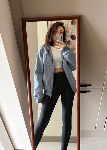 Zara Açık Mavi Kapüşonlu Fermuarlı Denim Ceket - Görsel 3