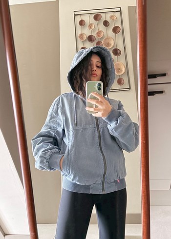 Zara Açık Mavi Kapüşonlu Fermuarlı Denim Ceket - Görsel 7