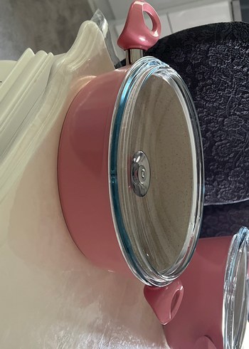 Schafer eko granit Pastel Pembe Cam Kapaklı Tencere Seti - Görsel 3