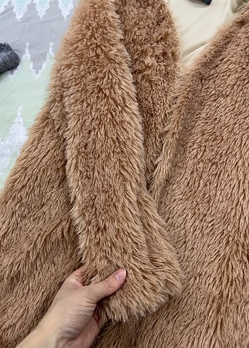 Kahverengi Midi Boy Peluş Kadın Kaban - Görsel 3
