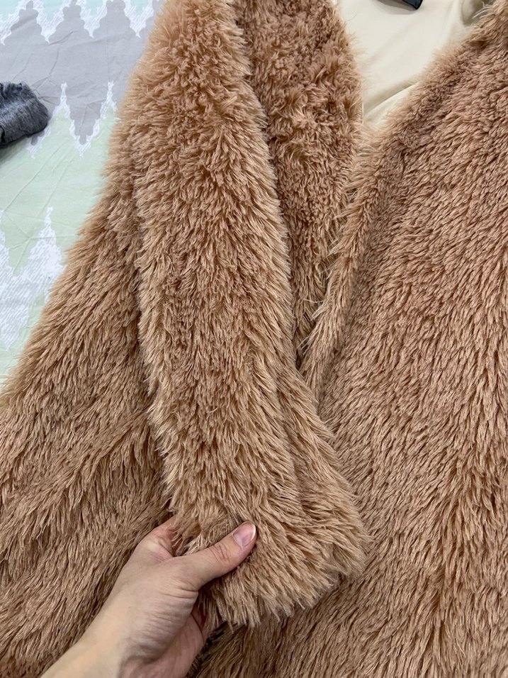 Kahverengi Midi Boy Peluş Kadın Kaban - Görsel 3