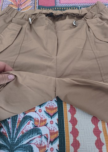 m Beden Bej Kadın Kumaş Pantolon, Bel Detaylı, Bol Kesim