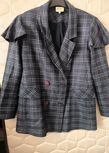 m Beden gri Renk Gri Ekose Mini Kadın Blazer Ceket