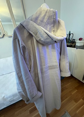 Düğmeli Bej Uzun Keten Kadın Trençkot - Görsel 6