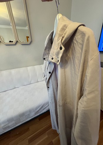 Düğmeli Bej Uzun Keten Kadın Trençkot - Görsel 4