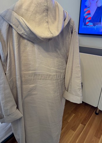 Düğmeli Bej Uzun Keten Kadın Trençkot - Görsel 2