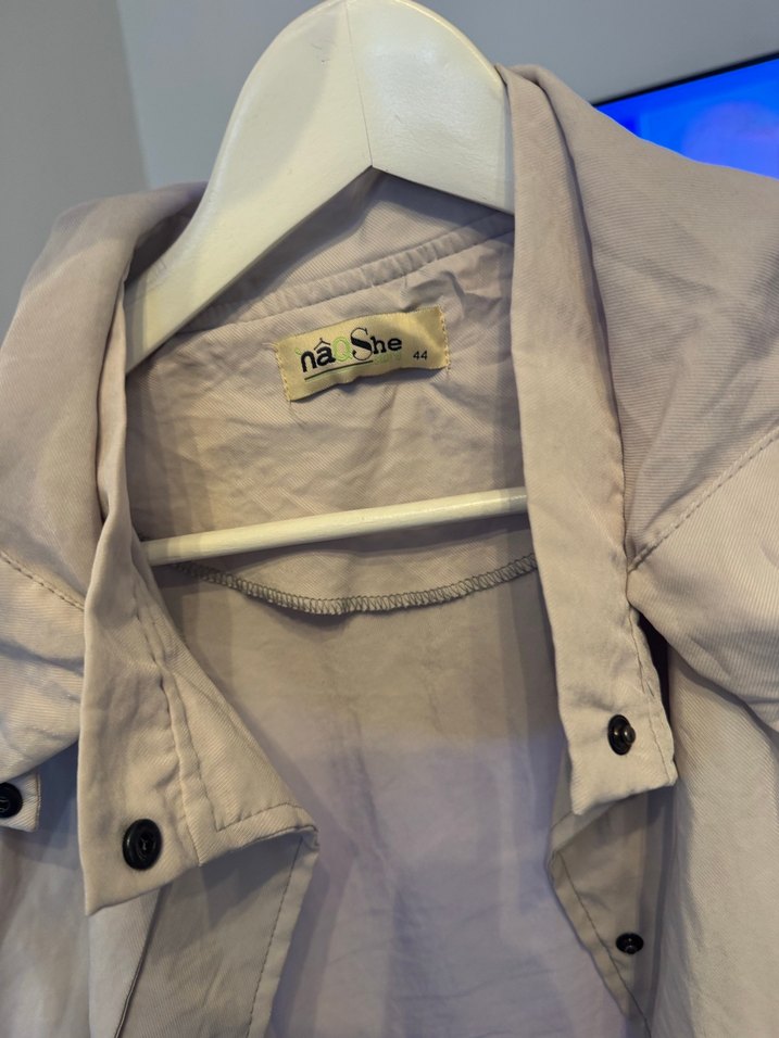 Düğmeli Bej Uzun Keten Kadın Trençkot - Görsel 3