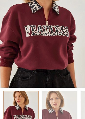 Bordo Leopar Desenli Fermuarlı Sweatshirt