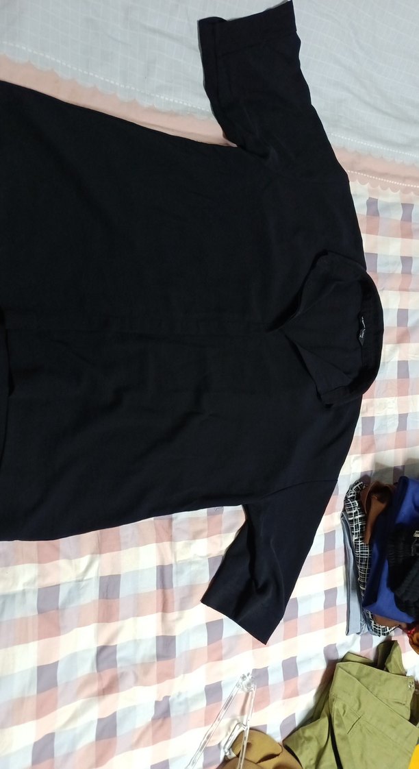 Siyah Keten Kadın Gömlek, Düğmeli, Kısa Kollu - Görsel 2