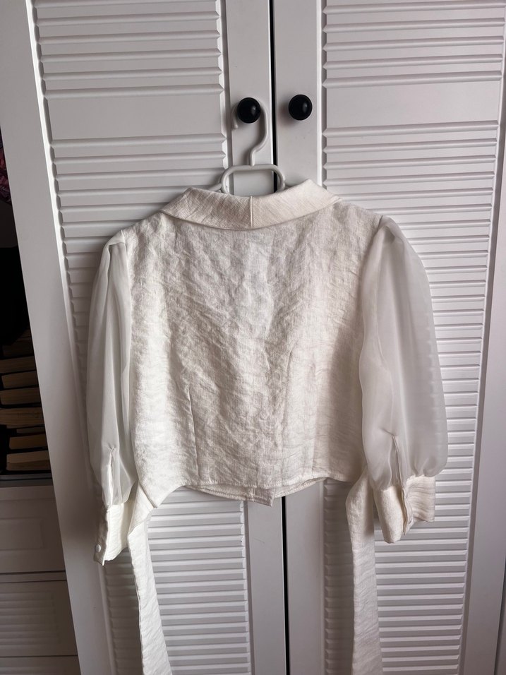 Düğmeli Keten Mini Beyaz Kadın Bluz - Görsel 3