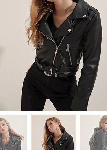 Siyah Deri Kemerli Biker Ceket marka temsili - Görsel 2