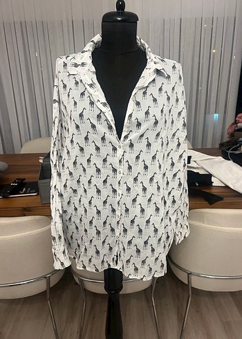 H&M pamuk Uzun Kollu Zebra Desenli V Yaka Gömlek