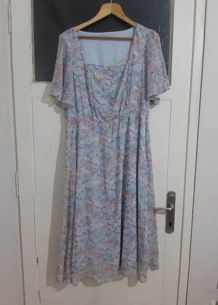 kare yaka bebe mavi cicekli elbise - Görsel 4