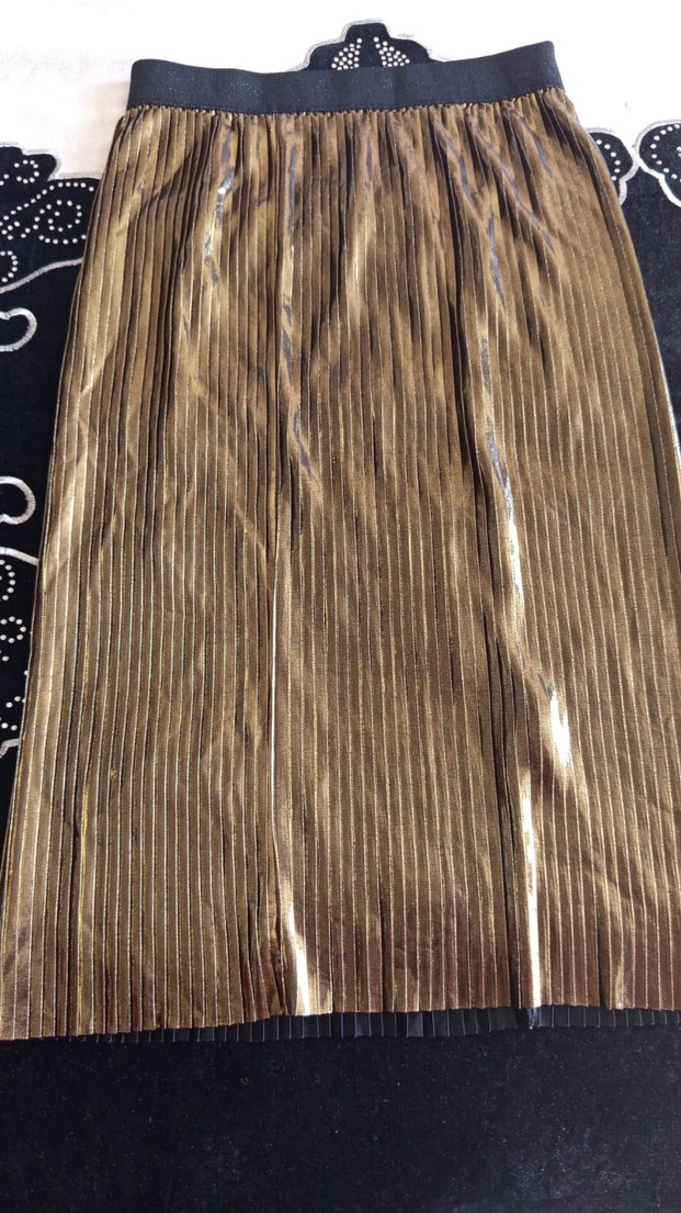 Parlak Kahverengi Pileli Uzun Kadın Etek - Görsel 2