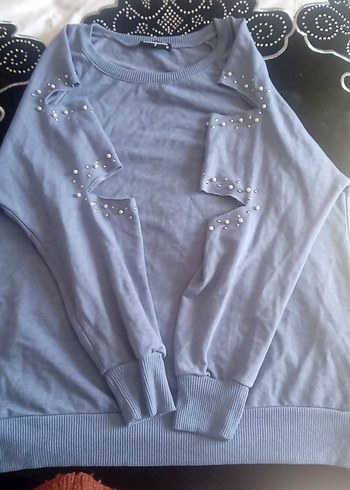 Gri Kadın boncuk süslemeli Pamuklu Uzun Kollu swith - Görsel 2