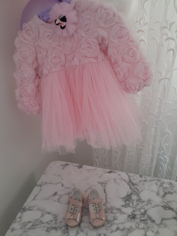 Pembe Kız Çocuk Fırfırlı Uzun Kollu Elbise - Görsel 5