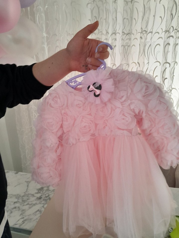 Pembe Kız Çocuk Fırfırlı Uzun Kollu Elbise - Görsel 4