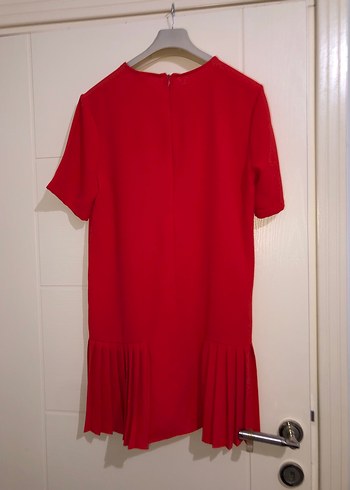 Kısa Kollu Kırmızı Pliseli Mini Kadın elbise - Görsel 2