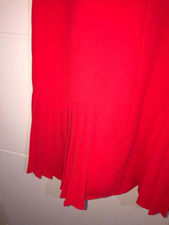 Kısa Kollu Kırmızı Pliseli Mini Kadın elbise - Görsel 4