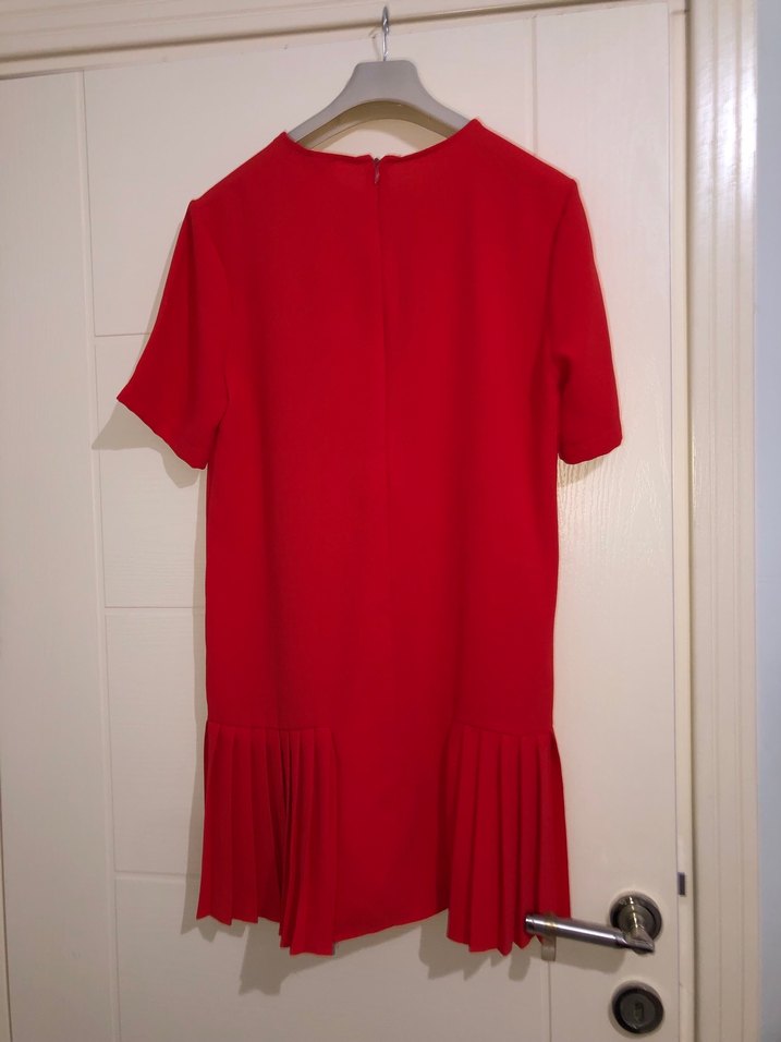 Kısa Kollu Kırmızı Pliseli Mini Kadın elbise - Görsel 2