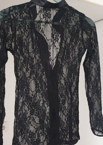 s Beden Dantel Detaylı Siyah Gotik Kadın Bluz