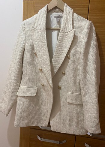 38 Beden Beyaz Kadın Düğmeli Modern Klasik Blazer