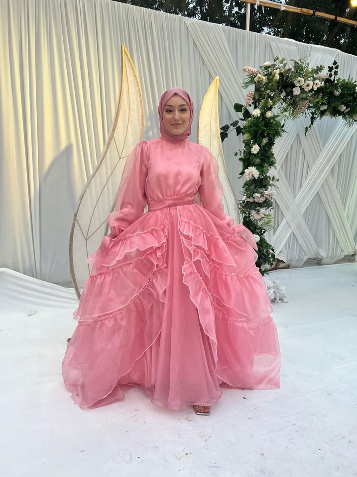 Pembe Uzun Kollu Bohem Uzun Abiye - Görsel 2