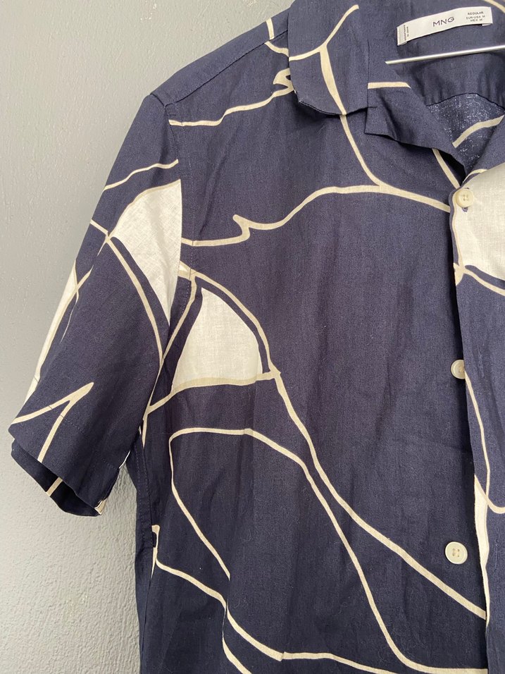 Lacivert Desenli Kısa Kollu Erkek Keten Gömlek - Görsel 3